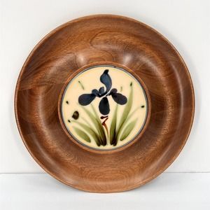 WOODBURYS WOODENWARE VTG MCM Turned Wood Bowl Ceramic Tile Center Floral Pattern